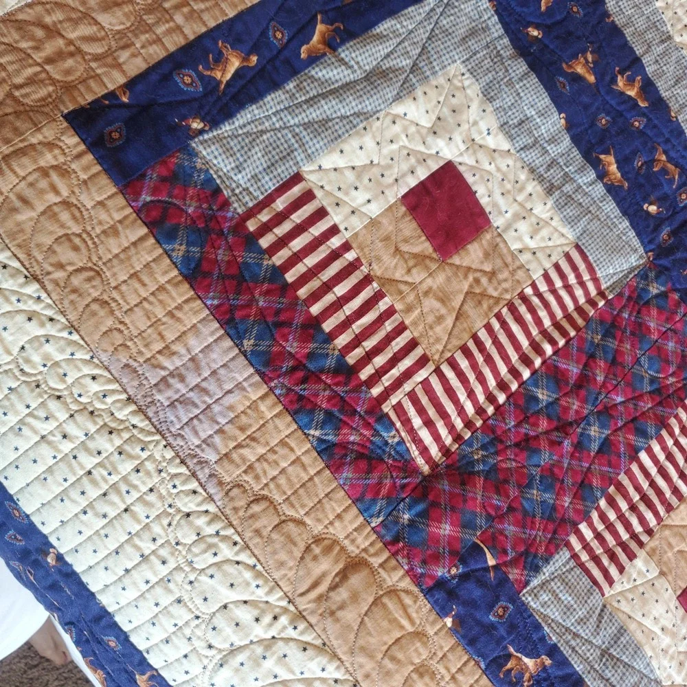 Handmade Log Cabin Patchwork Quilt Navy Blue Burgundy Plaid Dog Print 70x82